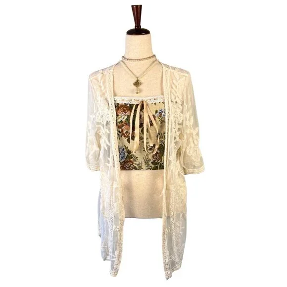 Entro White Sheer Boho Embroidered Lace Kimono Jacket Blouse M Cottagecore - Picture 2 of 15